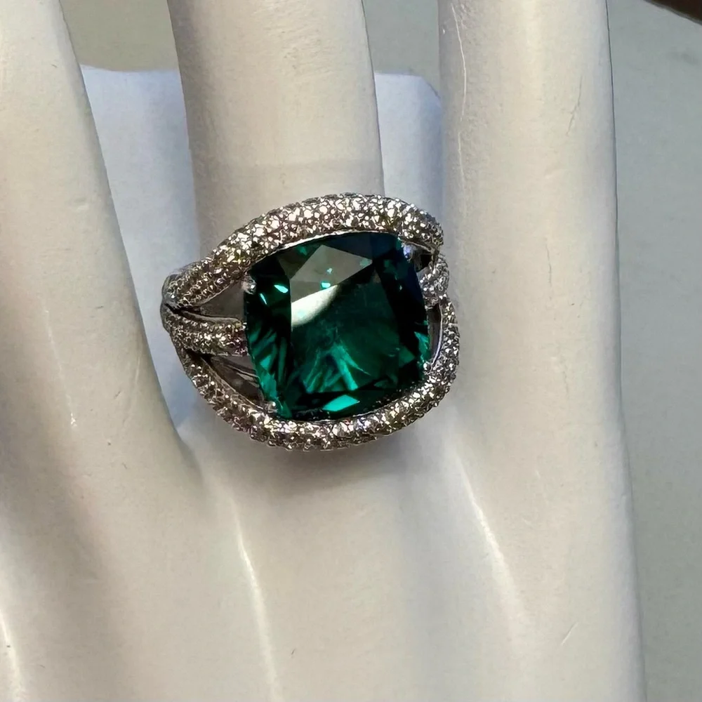 Large Emerald Cushion Cut Ring Set in 925 Sterling Silver